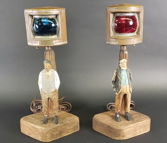 Pair of Vintage Carved and Painted Figural Port and Starboard Ships Light Lamp