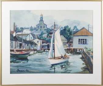 Edwin Oman Watercolor on Paper "Sailing Out of Nantucket Harbor"