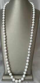 Fine 11mm-13mm White Fresh Water pearl Opera Length Necklace, 14k Gold Clasp