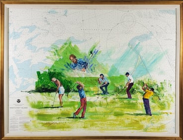 Kerry Hallam Acrylic on Nantucket Sound Chart "Tee Time" Golf Painting
