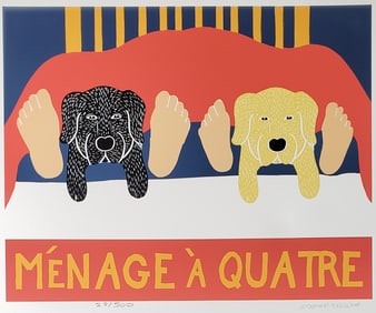 Stephen Huneck Nantucket Limited Edition Silk Screen, "Menage A Quatre"