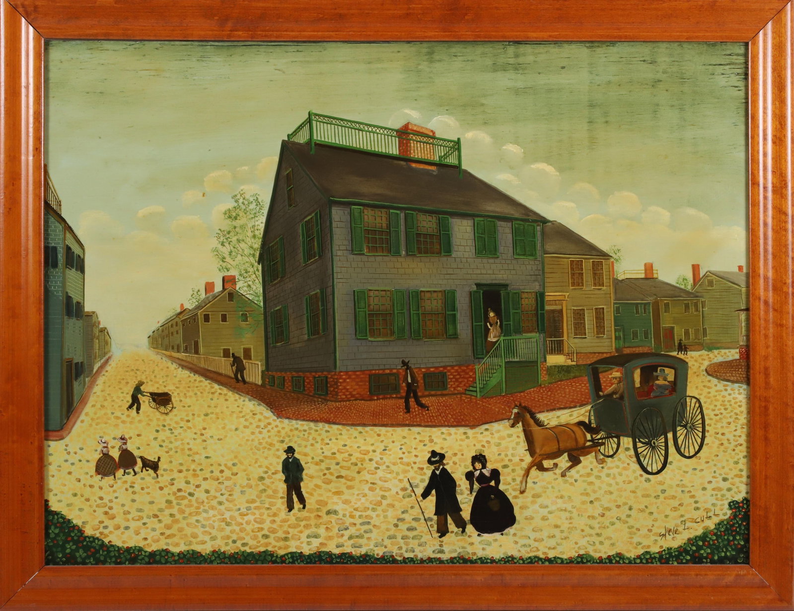 Steve L. Cull Oil on Board "Folk Art View of Downtown": Steve L. Cull (1910-1999) Oil on Board "Folk Art View of Downtown", signed lower right? Steve L. Cull, in molded wood frame. Cull was raised in rural Kentucky and is know for rural landscape, genre, f
