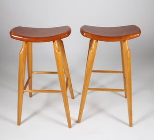 Pair of Signed Stephen Swift Cherry and Ash Bar Stools, circa 1987