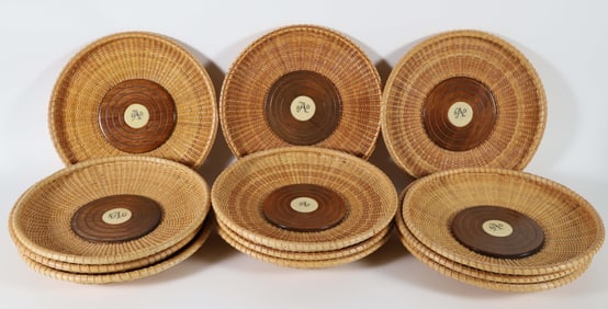 Twelve Nantucket Basket Trays with Center Scrimshaw Monogram "SDA"