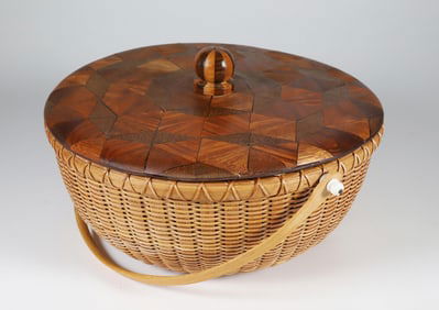 Bill Sevrens Nantucket Basket with Multi-wood Inlaid Lid with Knob
