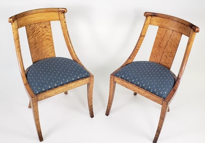 Pair of Antique Tiger and Bird's Eye Maple Empire Dining Chairs, 19th century