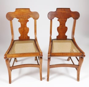 Pair of American Tiger Maple Caned Seat Side Chairs, 19th Century