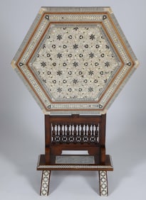 Vintage Mother of Pearl, Bone and Multiwood Inlaid Octagonal Tilt Top Side Table