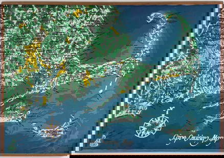 Jim Tillett Silk Screen on Canvas, "Cape Cruising Map", 20th century: Jim Tillett (American 1913-1996) Silk Screen on Canvas, "Cape Cruising Map", 20th century, signed lower right, Nantucket and Marthas Vineyard. Overall 35.25 in. X 49.5 in.