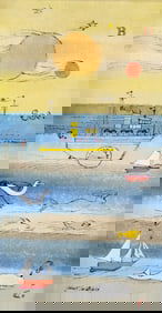 John Lochtefeld (1933-2025) Mixed Media on Board "Moby Dick and The Paddlewheeler off Nantucket"