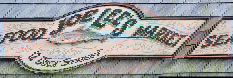 Vintage Hand Painted Seafood Fish Market Advertising Trade Sign: Vintage Hand Painted Seafood Fish Market Advertising Trade Sign, late 20th century, hand painted decoration with carved and painted molded body fish. Height 23 in. Width 72 in.