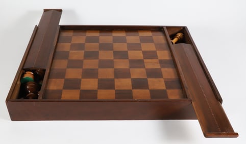 Antique Multiwood Gameboard with Opposing Game Piece Compartments and Slide Tops