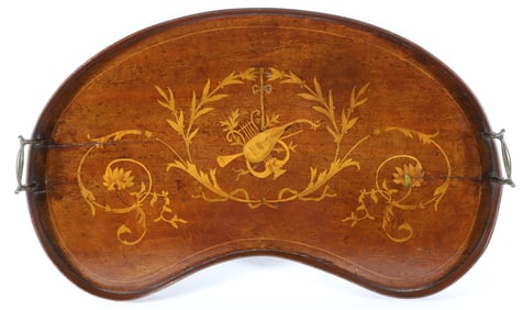 Edwardian Mahogany Marquetry Inlaid Kidney Shaped Serving Tray