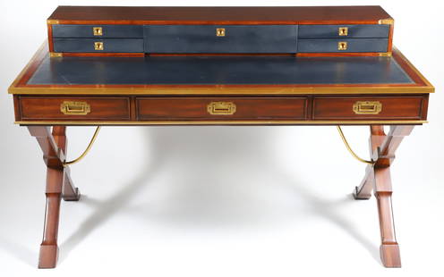 Ralph Lauren Brass Trimmed Mahogany Campaign Style Desk: Ralph Lauren Mahogany Campaign Style Desk, with brass trim, carrying handles and X-stretcher, removable conforming storage box Height 36 in. Width 60 in. Depth 30 in.