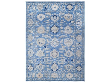 Hand Knotted Natural Dyes Blue and White Angora Oushak Oriental Rug