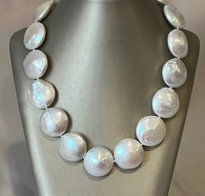 Fine 26mm Lustrous Coin Pearl Necklace, Vermeil Diamond Clasp