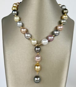 Baroque South Sea Multi-color and Pink Fresh Water Pearl Lariat Necklace