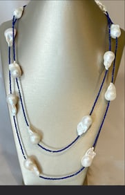 Faceted Lapis Lazuli Bead and White Fresh Water Baroque Pearl Necklace