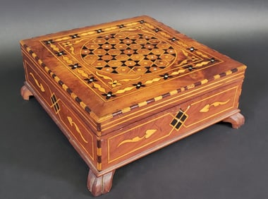 Antique Geometric Exotic Multiwood and Mother of Pearl Inlaid Box