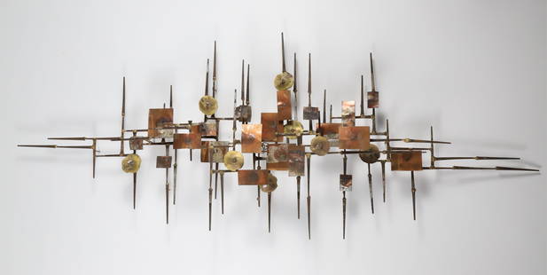 Contemporary Mixed Metal Sculpture, 3rd Quarter of the 20th Century: Contemporary Mixed Metal Sculpture, third quarter of the 20th century, welded masonry nails, brass and copper elements Height 21.5 in. Width 54 in. Depth 6.5 in.