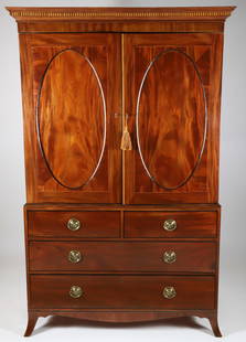 George III Mahogany Linen Press, 19th Century: George III Mahogany Linen Press, 19th Century, two upper doors open to reveal four drawers above two over two drawer base, original brass hardware, French bracket feet Height 80 in. Width 51 in. Depth