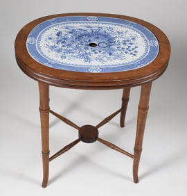 Antique Blue and White Reticulated Porcelain Drip Platter Side Table