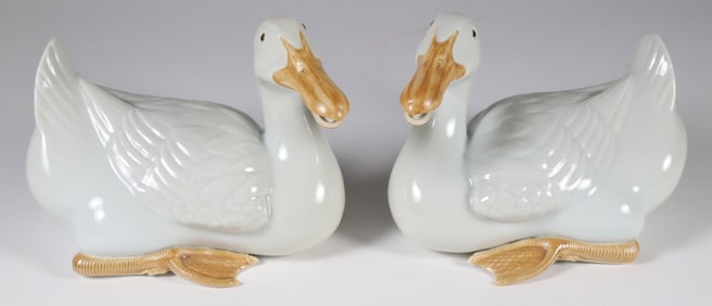 Pair of Chinese Export White Glazed Porcelain Seated Geese