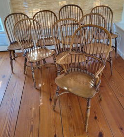 Set of Eight Vintage English Oak Bow-back Windsor Style Dining Chairs