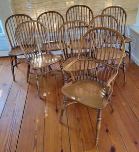Set of Eight Vintage English Oak Bow-back Windsor Style Dining Chairs: Set of Eight Vintage English Oak Bow-back Windsor Style Dining Chairs, comprising two armchairs and six side chairs Height 38 in. Width 20 in. Depth 16 in. Seat Height 19 in. Provenance:Collection of