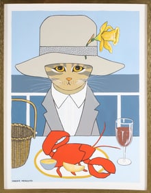 Maggie Meredith Oil on Canvas "Portrait of a Cat with Lobster Dinner"