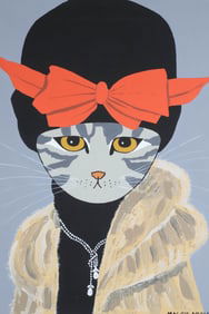 Maggie Meredith Oil on Canvas "Portrait of a Cat Wearing a Red Bowed Hat"