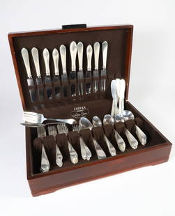 Ninety Piece Sterling Silver Flatware Service: Ninety Piece Sterling Silver Flatware comprising: 7 Dinner Forks 5 in. and 7 in. 6 Luncheon Forks 6.25 in. 8 Salad Forks 6.25 in. 10 Cocktail Forks 5.25 in. 10 Knives 9 in. 7 Iced