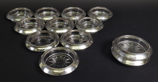 Set of Twelve Frank M. Whiting & Co Sterling Silver and Crystal Coasters