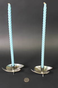 Pair of Carl F. Christiansen Mid Century Modern Danish Silver Plate Candlesticks: Pair of Carl F. Christiansen Mid Century Modern Danish Silver Plate Candlesticks, each stamped with hallmarks and, Made in Denmark, with rope twist tapering candles in original box, Aladdin Candles, D