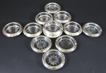 Set of Twelve Glass Coasters with Sterling Silver Collars