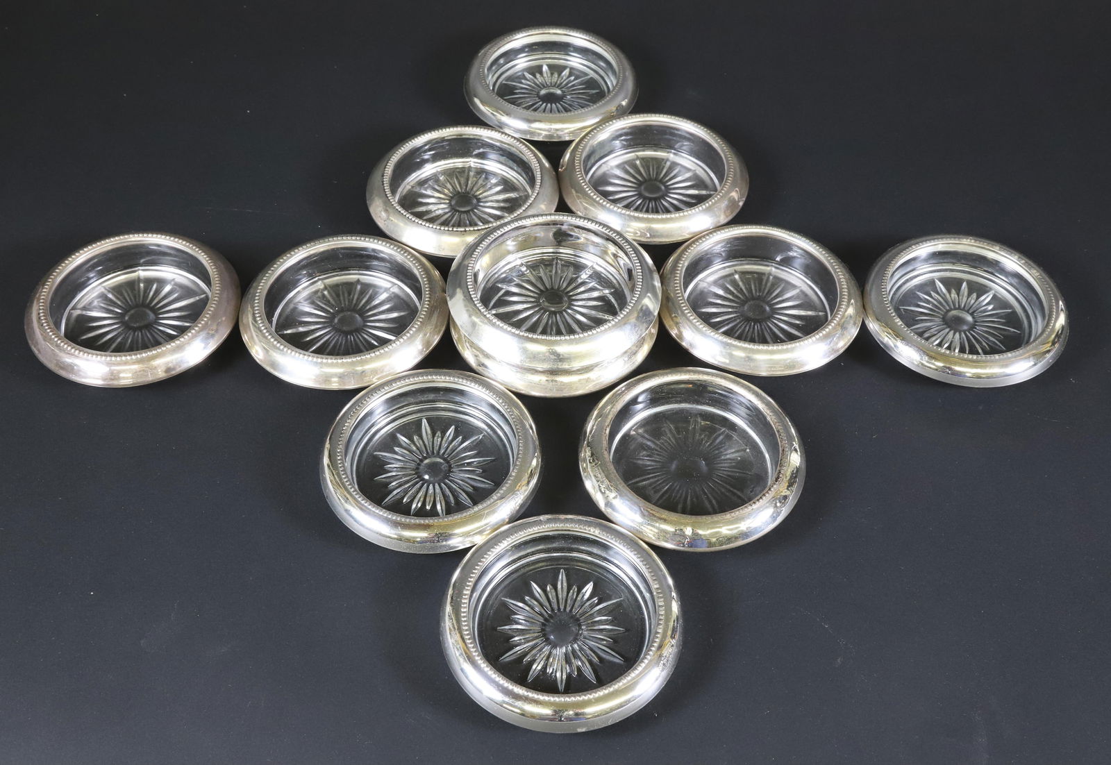 Set of Twelve Glass Coasters with Sterling Silver Collars (1 of 4)