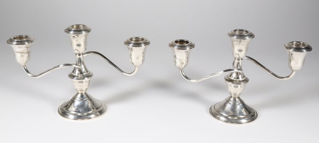 Pair of Sterling Silver Weighted Three-Light Candelabra