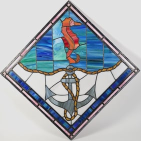 Vintage Nautical Anchor & Seahorse Leaded Stained Glass Window
