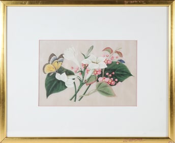 Chinese Watercolor on Pith Paper "Floral Still Life with Butterfly", 19th Century