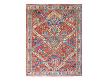 Crimson Red Hand Knotted Wool Heriz Style Oriental Carpet