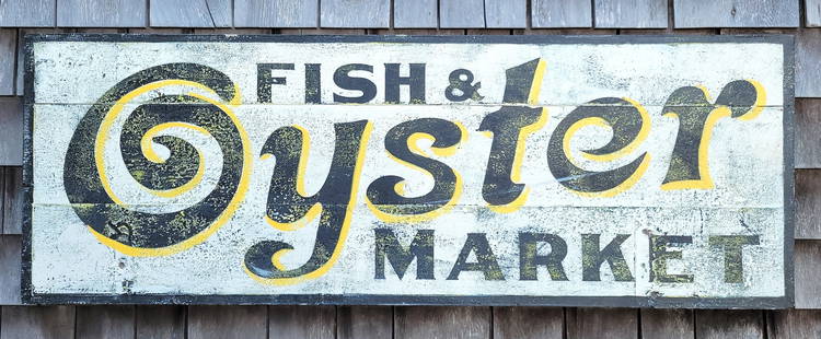 Antique Style Painted Fish and Oyster Market Trade Sign: Antique Style Painted Fish and Oyster Market Trade Sign, contemporary hand painted decoration on antique boards. Height 18 in. Width 50 in.