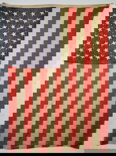 Antique World War One Era 48 Star United States American Flag: Antique World War One Era 48 Star United States American Flag, circa 1918, 48 star flags were flown from 1912-1959, wool bunting with cotton stars, machine sewn, hoist stenciled 4x6 U.S. Standard. Hoi
