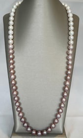 Fine 12mm x 13mm White and Pink Ombre Fresh Water Pearl Opera Length Necklace, 14k White Gold and