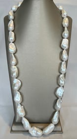 Very Fine 30mm x 36mm White Baroque Fresh Water Pearl Opera Length Necklace, 14k Gold Clasp