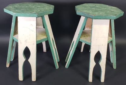 Pair of Antique Green and White Painted Arts and Crafts Stools, 20th century