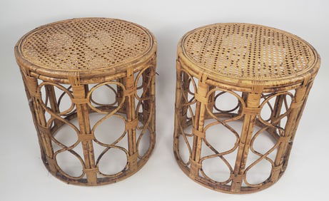 Pair of Vintage English Bamboo Circular End Tables, 20th century