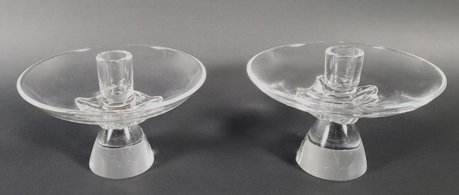 Pair of Signed Steuben Clear Crystal Candlesticks, 20th century