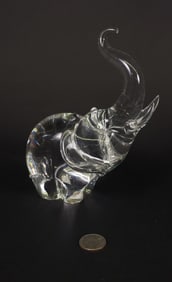 Vintage Signed Steuben Clear Crystal Figural Trumpeting Elephant