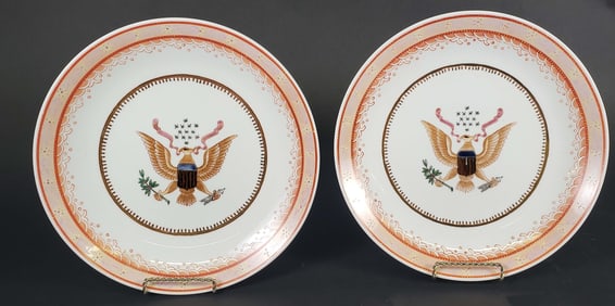 Pair of Export Style Federal Eagle and Shield Porcelain Dinner Plates, 20th century