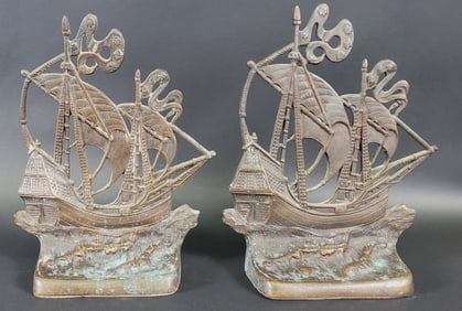 Pair of Antique Bronze Ship Galleon Bookends, circa 1920